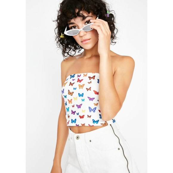 Butterfly Print Tube Top Crop Y2K 90s Insp - Picture 6 of 12